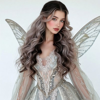 Woman in fairy wings and gown