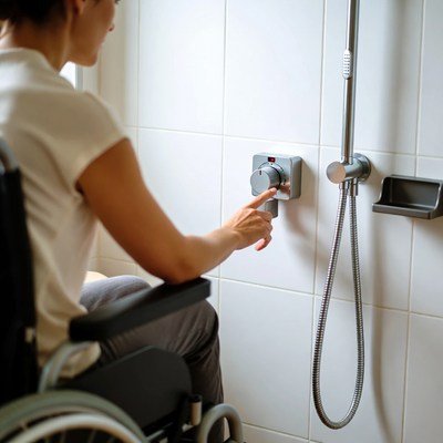 Woman adjusting shower in wheelchair