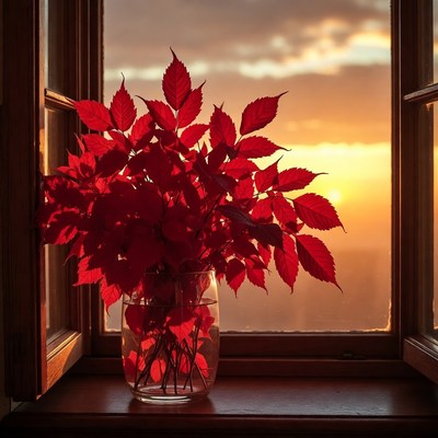 Red Autumn Leaves in Vase by Window