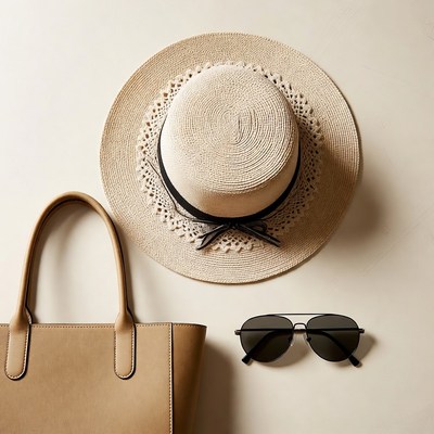 Straw Hat Tan Handbag Sunglasses