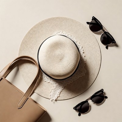 White Straw Hat with Sunglasses and Handbag