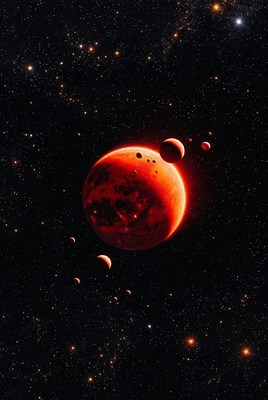 Mars and Moons in Starry Space