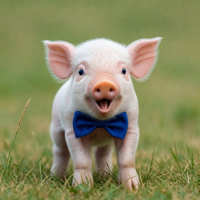 Cute piglet wearing blue bowtie