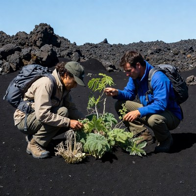 Scientists Examining Plants on Volcanic Rock