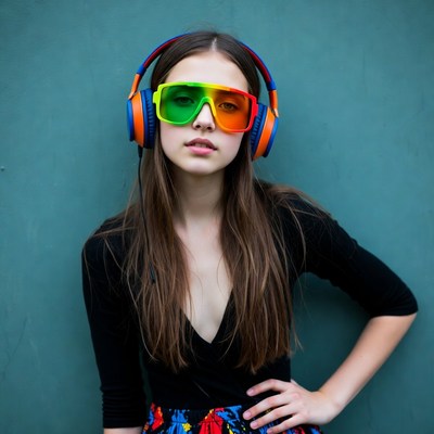 Girl wearing colorful headphones and sunglasses