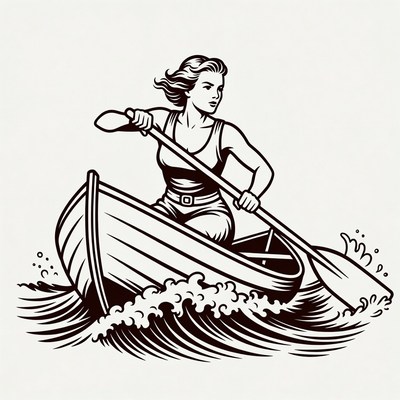 Woman rowing canoe in waves