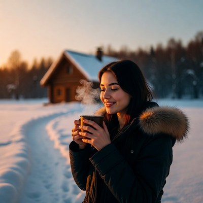 Woman sipping hot mug in snowy forest