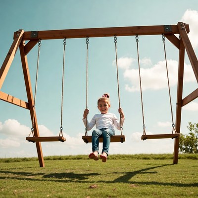 Girl swinging on wooden swing set