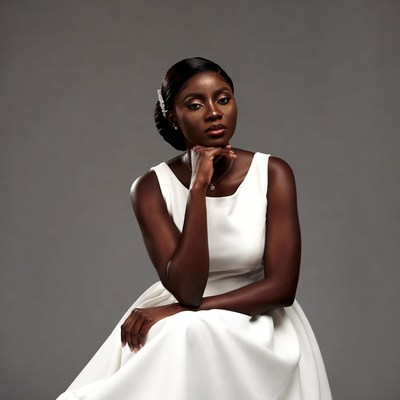 African woman in white dress posing