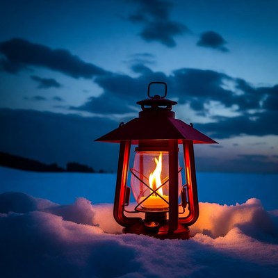Red Lantern Glowing in Snowy Night