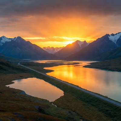 Sunset over snowy mountains and river