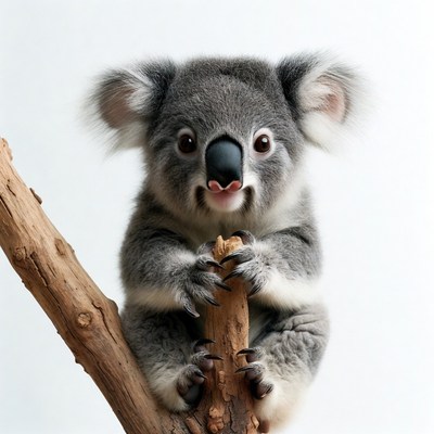 Cute baby koala clinging to branch