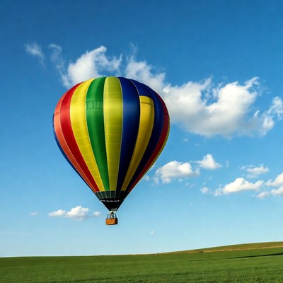 Colorful hot air balloon over green field
