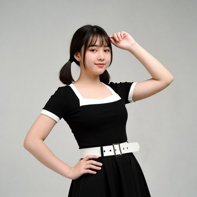 Asian girl in black white dress saluting
