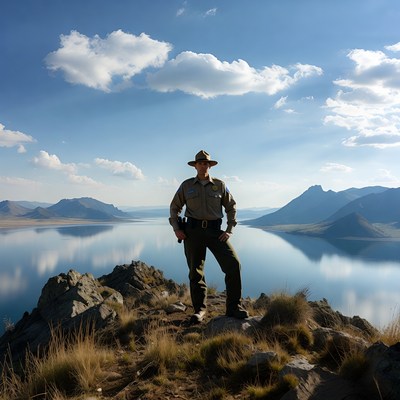 Ranger standing on mountain overlooking lake