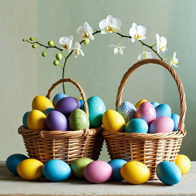 Colorful Easter Eggs in Wicker Baskets