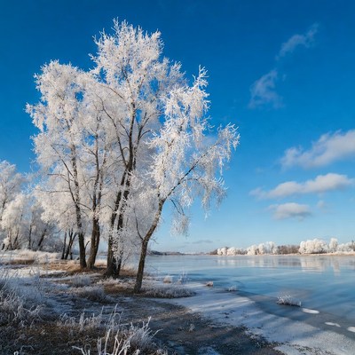 Frost-covered trees by frozen river
