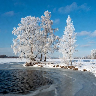 Frost-covered trees by frozen lake