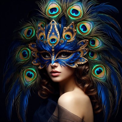 Woman wearing peacock feather mask