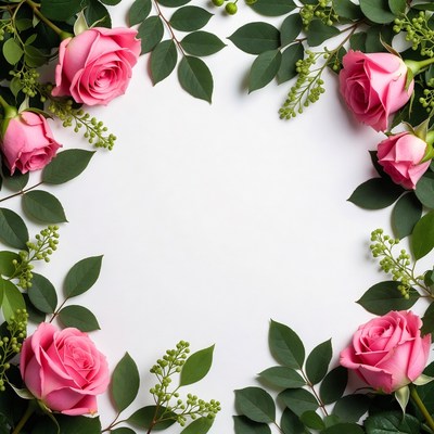 Pink Roses with Greenery on White