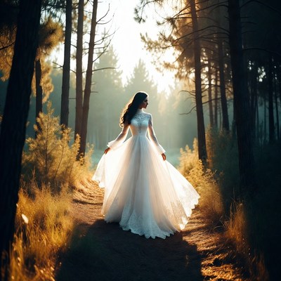 Woman in white gown walking forest path