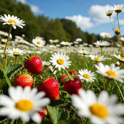 Strawberries in Daisy Flower Field
