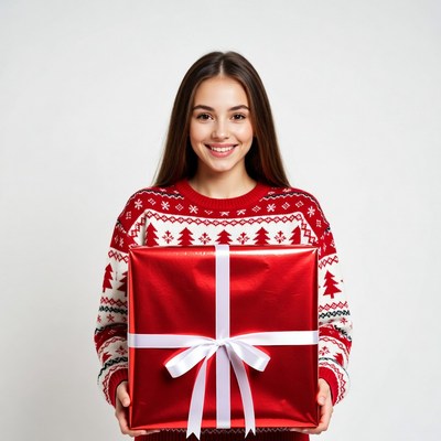 Woman holding red Christmas gift