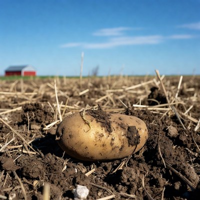 Potato in farm field with red barn