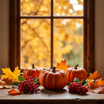 Pumpkins and Autumn Leaves by Window