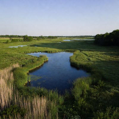 Wetland marsh with ponds and grasses