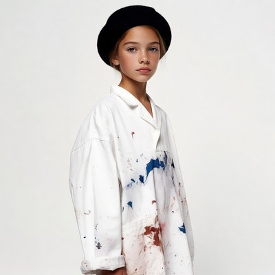 Girl in beret and paint-splattered shirt