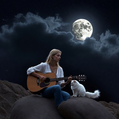 Blonde woman playing guitar with white cat