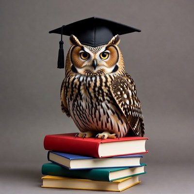 Owl wearing graduation cap on books
