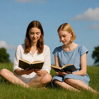 Two girls reading books on grass