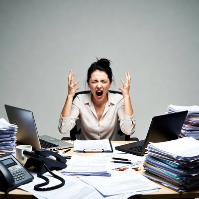 Stressed woman screaming at cluttered desk