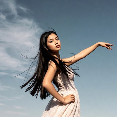 Asian woman posing in white dress