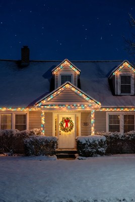 Christmas Lights on Snowy House