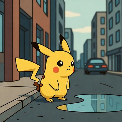 Pikachu standing by puddle