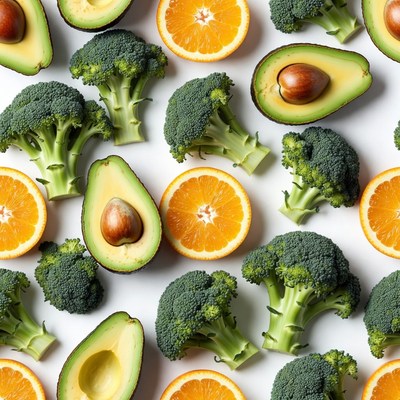 Avocados Oranges Broccoli Flat Lay
