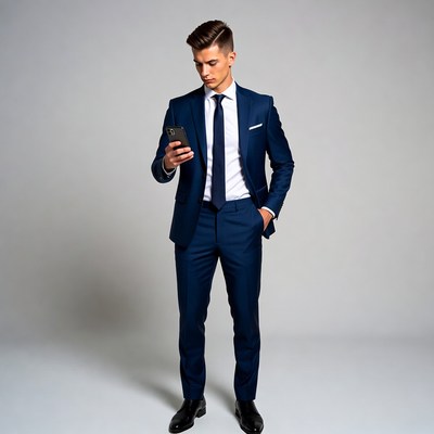 Man in navy suit checking phone