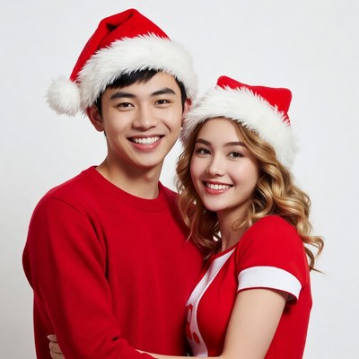 Asian couple in Santa hats smiling