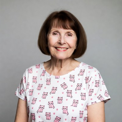 Elderly woman in pink kitten t-shirt