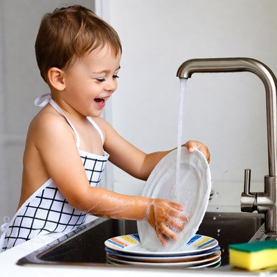 Toddler boy washing dishes in sink