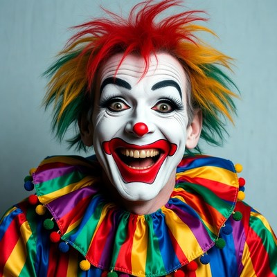 Clown with wild multicolored hair laughing