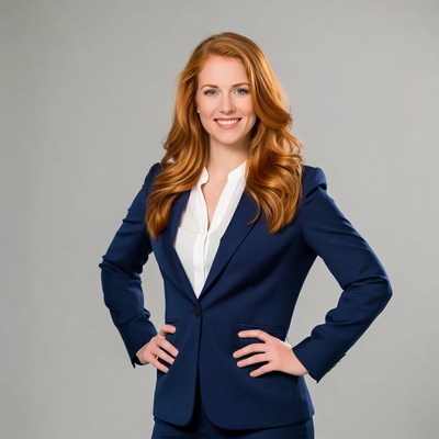Redhead woman in navy suit smiling