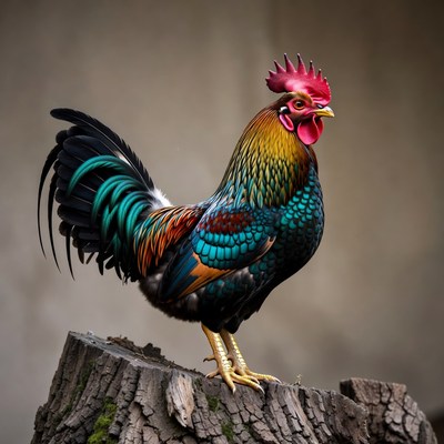 Colorful Rooster Standing on Tree Stump