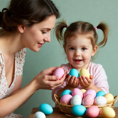 Mother and toddler girl with Easter eggs