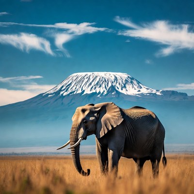 Elephant in front of Mount Kilimanjaro