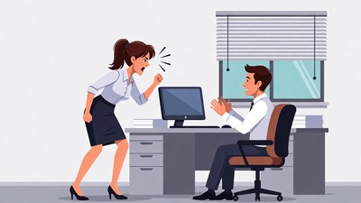 Angry woman yelling at man in office