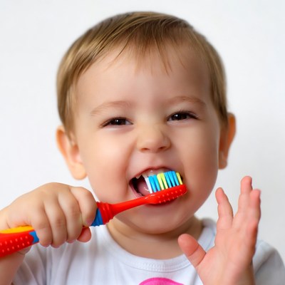 Baby brushing teeth with red toothbrush